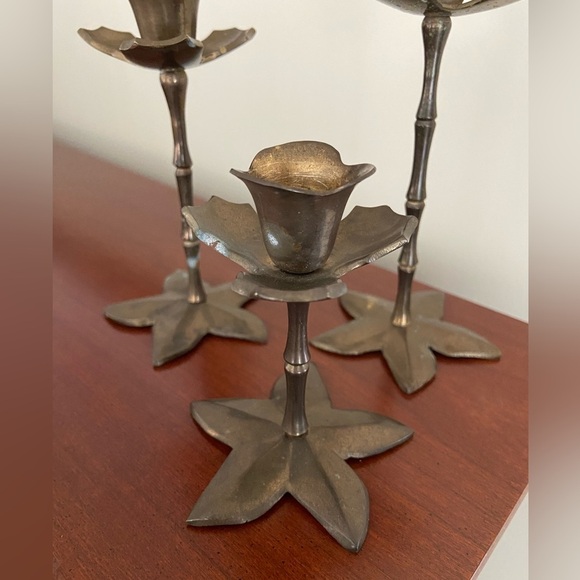 Set of 3 Solid Brass Flower Candle Holders Lotus ? - Picture 2 of 12